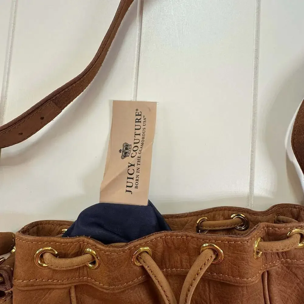 Boho Juicy Couture Brown Pebbled Leather Drawstring Bucket Crossbody Bag